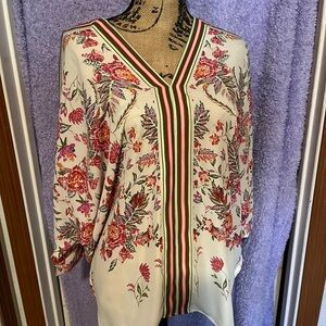 Rose & Olive Cream Floral V-Neck Tunic with Pink and Green Trim